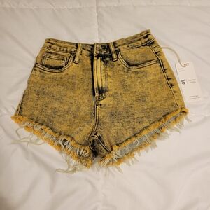 Yellow Denim Frayed Hem Women Shorts